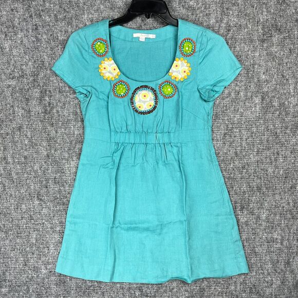 Boden Top Womens 6‎ Blue Linen Tunic Boho Embellished Elastic Waist Beaded - Picture 1 of 12